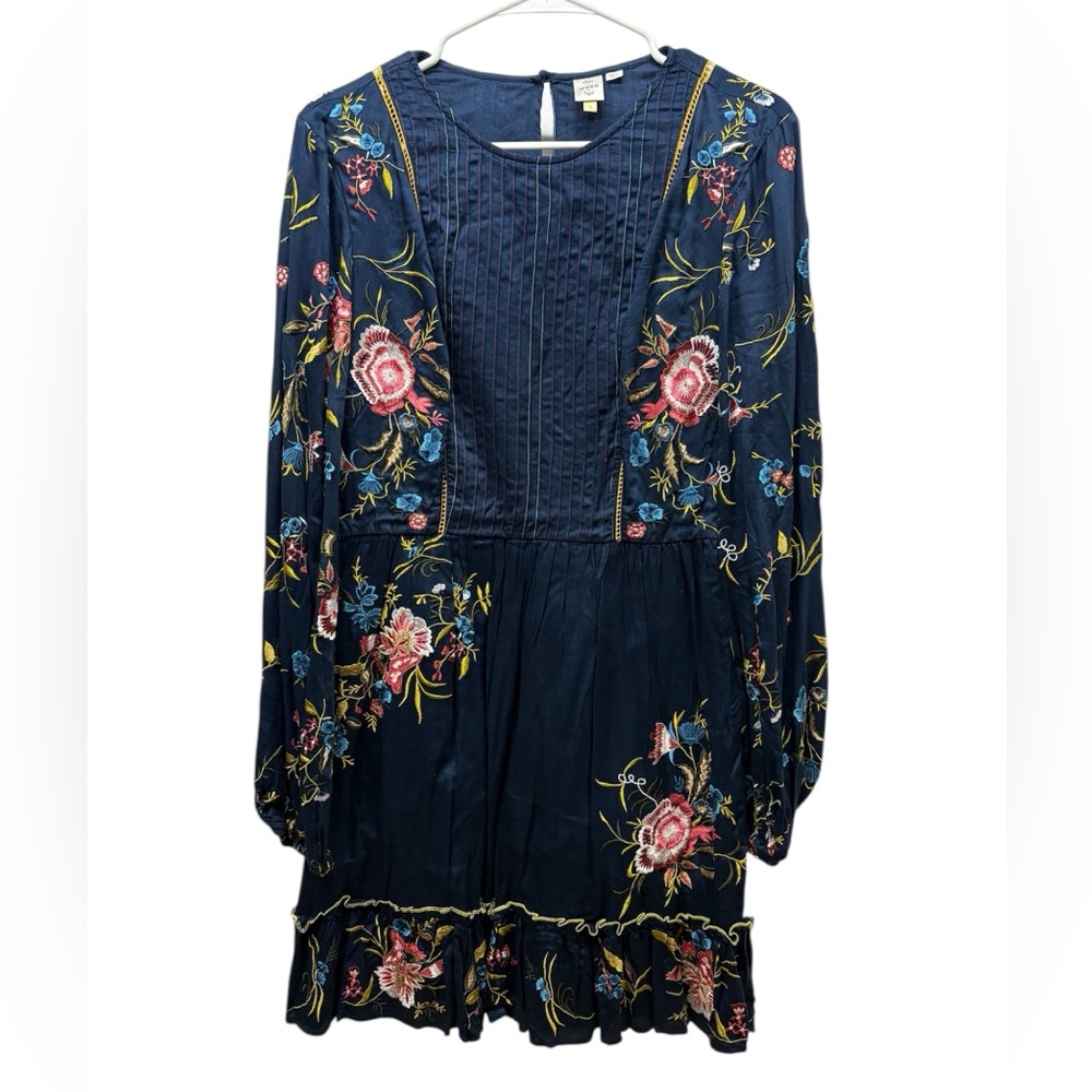 Anthropologie Navy Floral Embroidered Long Sleeve Dress
